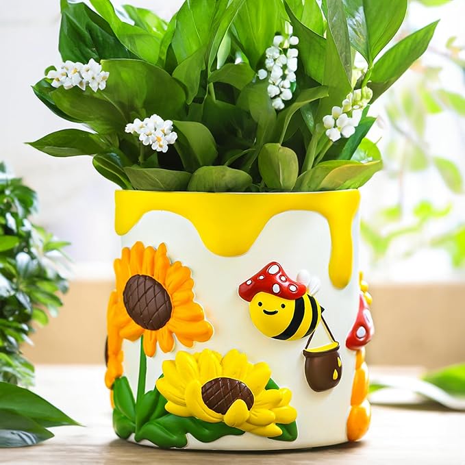 GUGUGO 8Inch Colorful Bees and Sunflowers Plant Pots, Cute Unique Succulent Planters with Drainage, Rainbow Small Mushrooms Flower Planters Pots for Indoor Plants, Funny Eclectic Home Decor