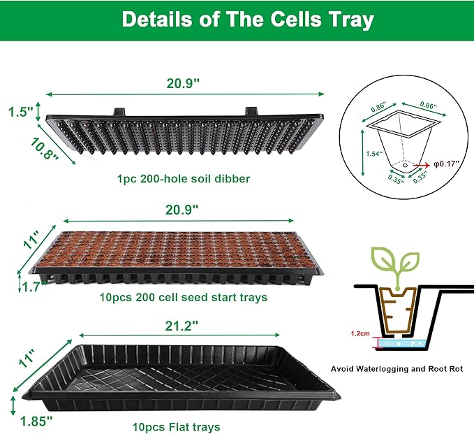 200 Cell Seed Starter Trays with Dibber – 20 Pack Reusable Seedling Trays for Germination Propagation, 200 Hole Soil Digger for Quickly Setting Out, Gift for Gardener