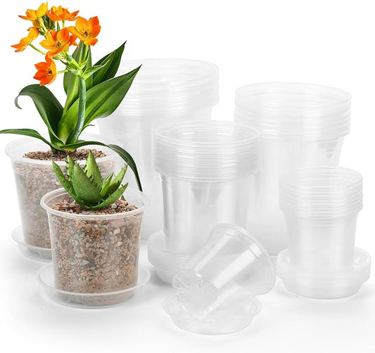 40 Pack 4/5/6/7 Inch Clear Nursery Pots with Drainage and Saucer, Clear Plastic Planter Pots for Plants, Flexible Seed Starting Pots for Succulents, Small Herbs, Annual Flowers