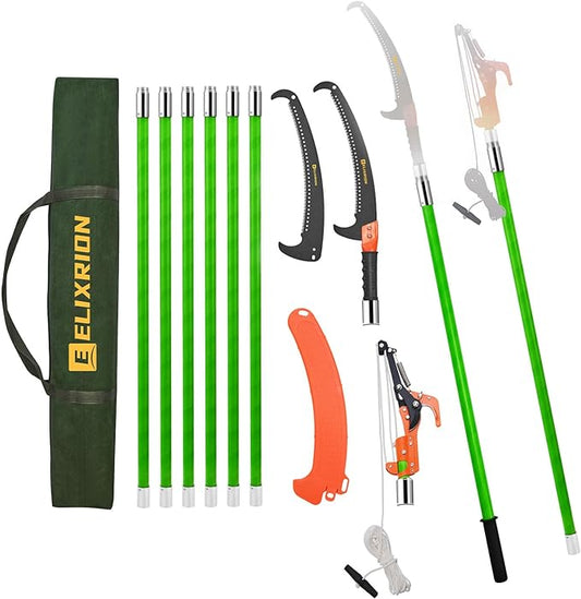 7-27 Feet Pole Saws for Tree Trimming, tree trimming manual branch trimmer set, extendable hand saw, long-handled trimmer with storage bag attachment.Green.