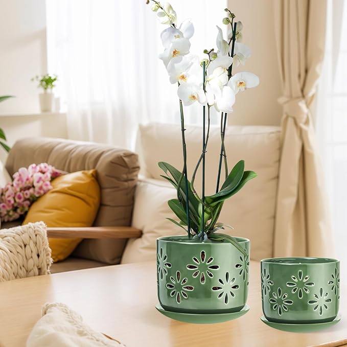 6+5 Inch Orchid Pots with Holes, Ceramic Orchid Pots, Orchid Pots for Repotting,Healthy Air Circulation Plant Pots for Plant Lovers,Planters for Indoor Plants -2 Pack