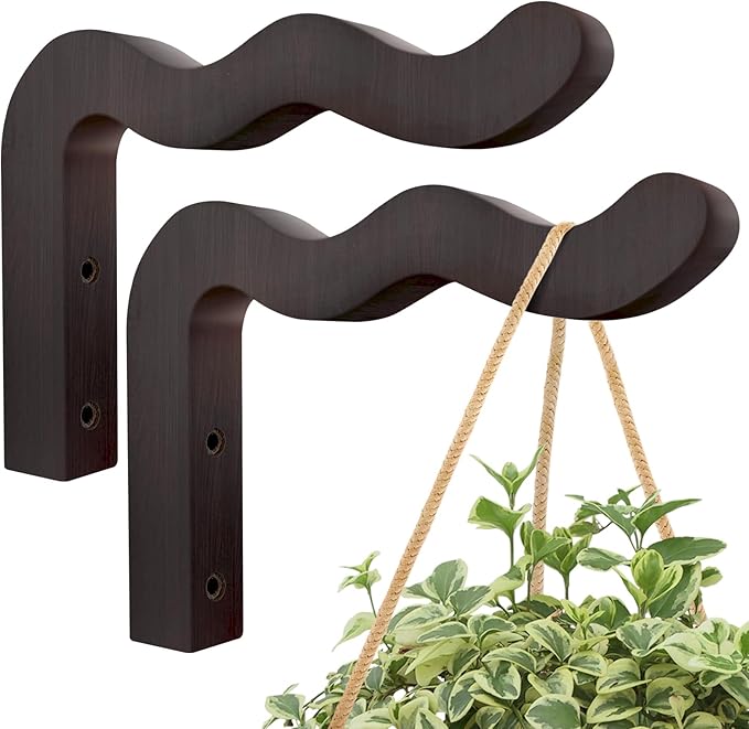 FGSAEOR Wavy Plant Hanger Hooks for Indoor/Outdoor Hanging Plants, 2 Pack Rustic Farmhouse Wall Mount Wooden Hanging Basket, Lanterns, Bird Feeders - Decorative Bracket for Patio, Balcony,Walnut Color