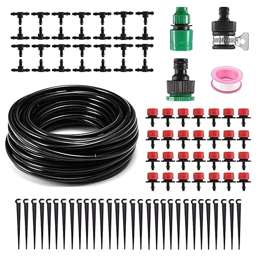 82FT Drip Irrigation System Kit - Garden Watering System with 1/4" Drip Irrigation Tubing Parts - Automatic Irrigation Sprinkler Equipment for Outdoor Plants, Garden, Greenhouse, Flower Bed, Lawn