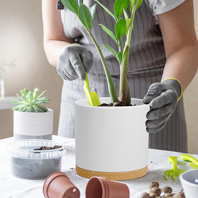 12 Inch Large Deep Plant Pots for Outdoor Indoor Plants, Cylinder Tall Flower Pots with Drainage Holes and Saucer, Big Decorative Plastic Planter Pots for Garden House Plants, White with Brown