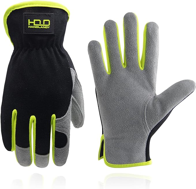 HANDLANDY Men Leather Gardening Gloves, Utility Work Gloves for Mechanics, Construction, Driver, Dexterity Breathable Design