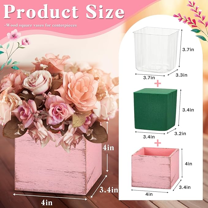 Dandat 4 Set Wood Cube Planter Box Square Wood Vase Rustic Cube Planter Box with Removable Plastic Liner Floral Foam Blocks for Centerpieces Home Wedding Garden Decor, Country Style (Pink)