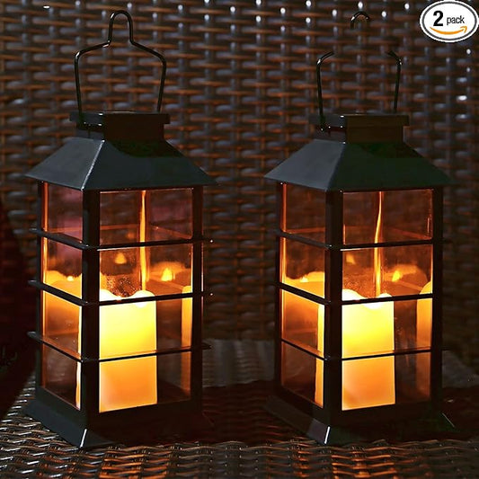 LED Solar Lantern - Outdoor Hanging Solar Lights Waterproof Flickering Flame Candle Light for Patio Courtyard Garden Decorative(2 Pack)
