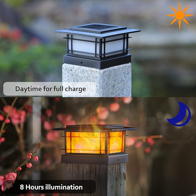 Dynaming 2 Pack Solar Flame Post Lights Outdoor, Solar Powered Fence Post Cap Lights, High Brightness Flickering Flame SMD LED Lighting Decor for Garden Deck Patio, 4x4, 5x5 or 6x6 Vinyl/Wooden Posts