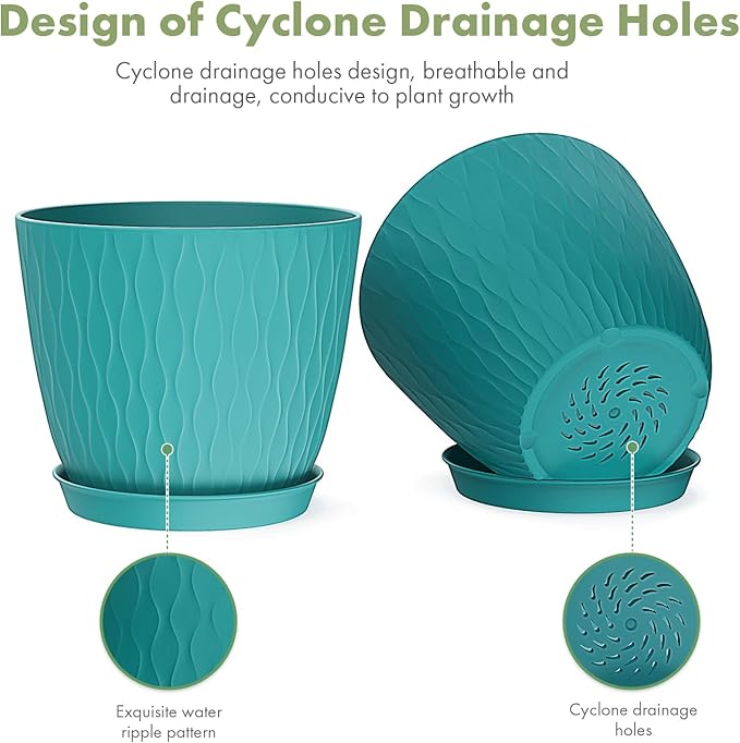 6 inch Plant pots, 12 Pack Modern Plastic Planters with Drainage Holes and Saucers for Repotting Indoor Plants and Flowers, Blue