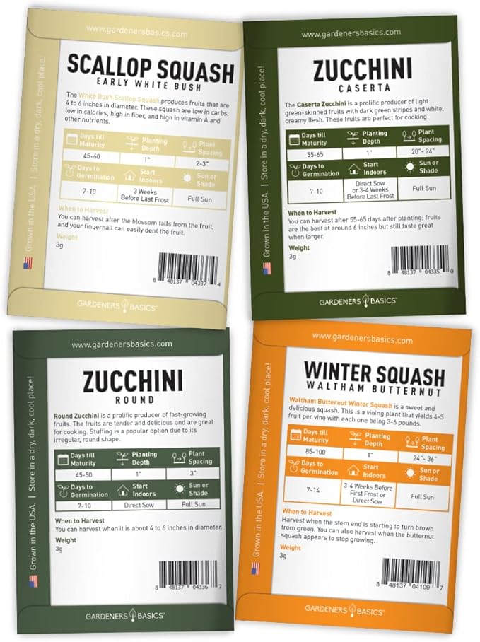Gardeners Basics, 8 Squash Seeds for Planting Individual Packets - Zucchini, Delicata, Butternut, Spaghetti, Scallop, Caserta, Round and Hubbard for Your Non GMO Heirloom Vegetable Garden