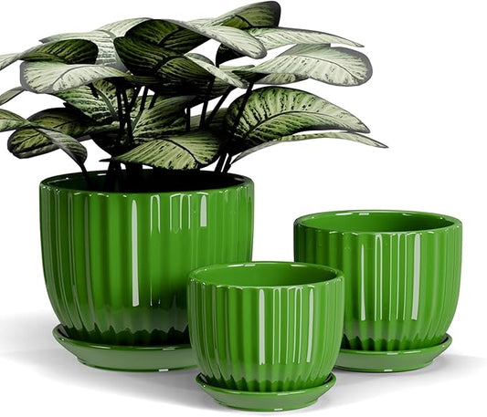 Ceramic Plant Pots,4"+5"+6" Inch,Green Flower Pots with Drainage Holes and Tray,Indoor Planters for Plants Pots,Home Office Decoration GIF for Plants,Succulent Pot Set of 3
