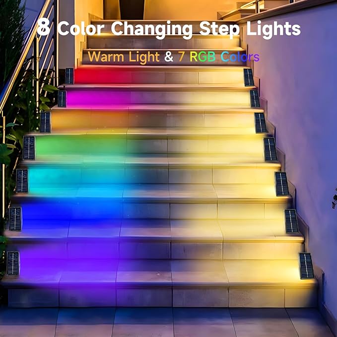 Solar Step Lights, 8 Pack Solar Stair Lights Outdoor Waterproof, Warm White/7 RGB Colors LED Outdoor Deck Light, Outside Lighting Decor for Garden Stair, Deck, Front Step, Front Porch, and Patio
