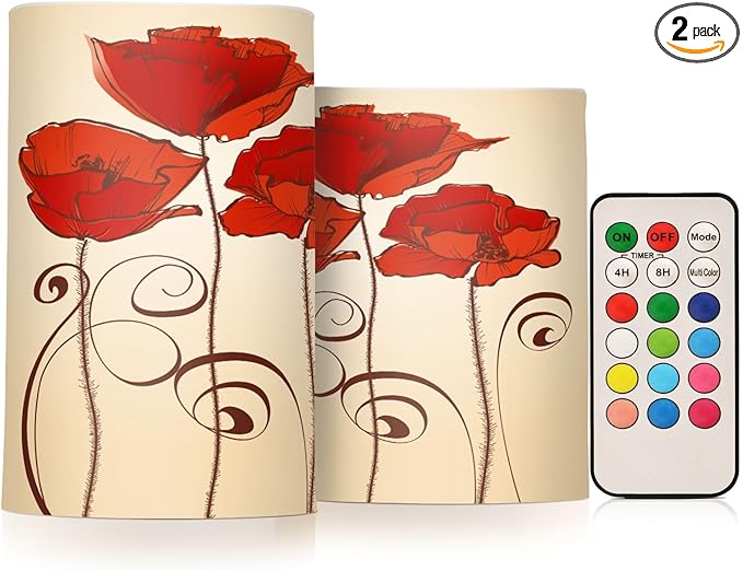 Flickering Flameless Candles, Red Poppy Flowers Retro LED Candles with Remote Timer, Set of 2 Battery Operated Candle for Valentine Wedding Birthday