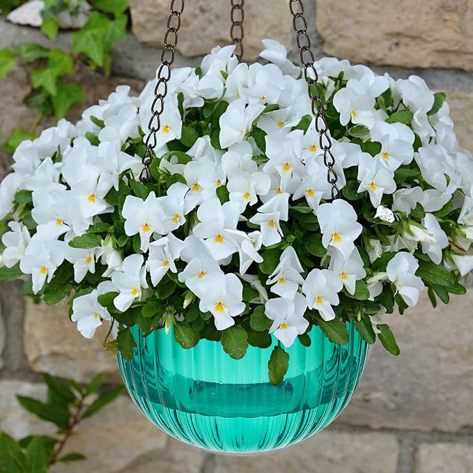 Meanplan 4 Pcs Self Watering Hanging Planter Indoor 6.5 Inch Hanging Baskets for Plants Outdoor Plastic Flower Pot with 3 Hooks Chains Drainage Holes for Garden Home, Medium Size(Emerald)