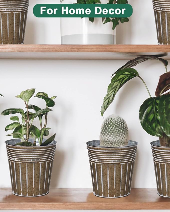 vensovo 6 Inch Brown Metal Rustic Flower Pots - 6Pcs Galvanized Planters with Drainage Hole and Rubber Plug, Rustproof Small Metal Bucket Plant Pots Farmhouse Vintage Style for Decor