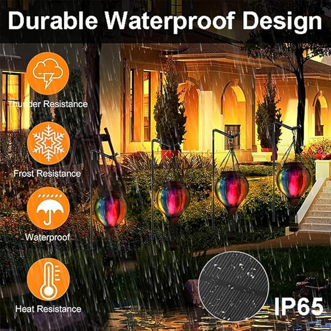 2PCS Solar Hot Air Balloon Lanterns with Flame with Shepherd's Hooks, Glass Hanging Flickering Lights Outdoor Waterproof for Garden Tree Yard Patio Mother's Day Gift, 18" H Colorful