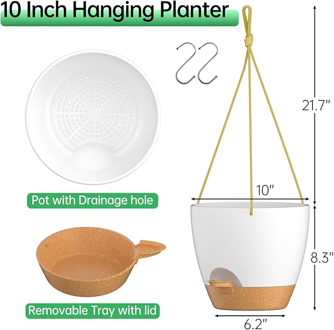 ZMTECH 10 Inch Hanging Planters for Indoor Outdoor Plants, 2 Pack Self Watering Hanging Plant Pots with Drainage Holes and Removable Saucer, Plastic Flower Hanging Pots with Watering Lip (White)