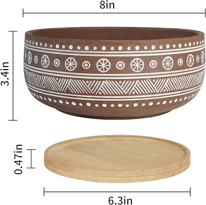 8 Inch Terracotta Succulent Planter Pot with Drainage Hole and Bamboo Tray, Brown Round Shallow Bonsai Pot for Indoor Plants