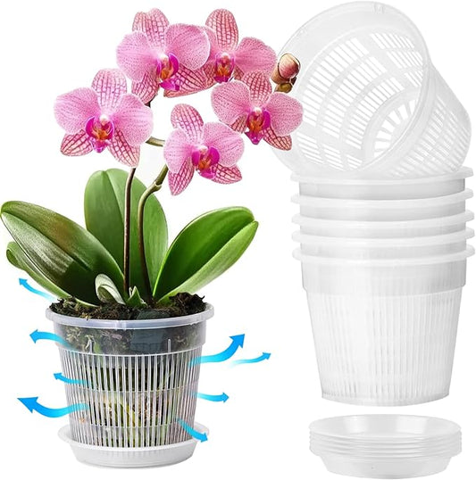 T4U Orchid Pot, 6 Pack 4.3 Inch Orchid Pots with Holes and Saucers, Clear Orchid Pots for Repotting, Plastic Flower Plant Pot for Indoor Outdoor Plants, Slotted Orchids Planter for Root Health