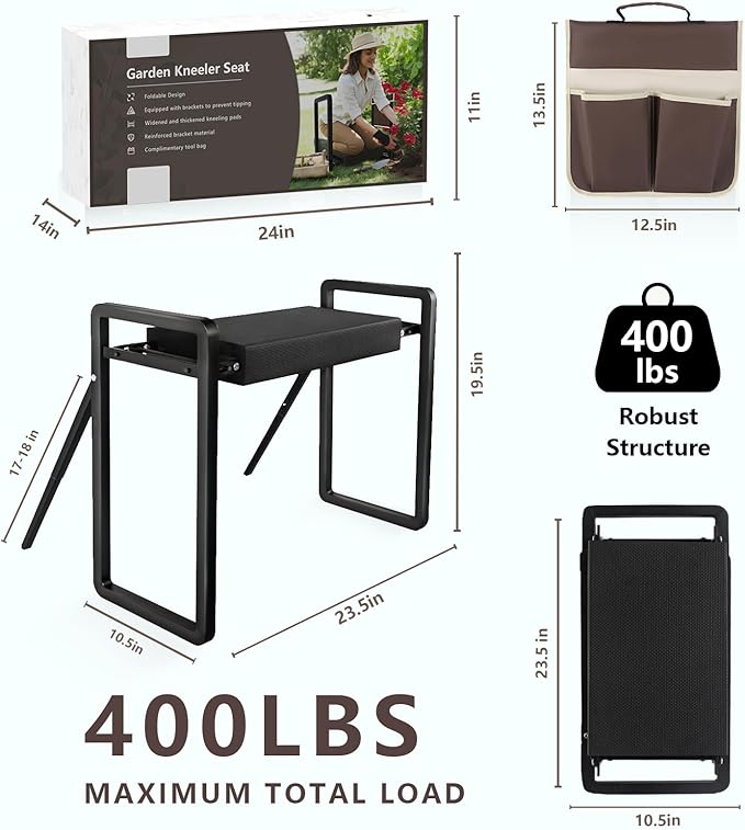 Garden Kneeler and Seat Heavy Duty,Foldable Gardening Stool with Anti-Tipping，10" Thicken & Widen Soft Kneeling Pad,Great Gardening Gifts for Women and Men, Bench Comes with Tool Pouch,Black