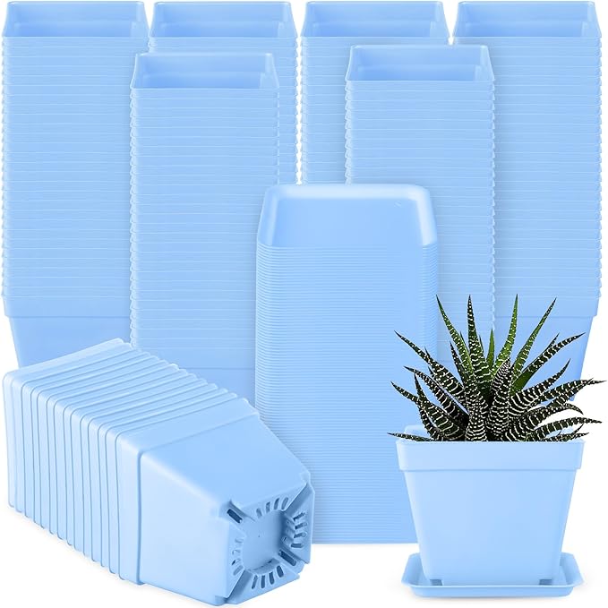 100 Pieces 4 Inch Flower Pots Square Plants Nursery Pot Plastic Plant Seedling Pots Nursery Transplanting Planter Container with Saucer for Indoor Herbs Succulents Balcony Garden Office (Blue)
