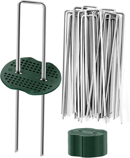 GROWNEER 200 Pack Galvanized Landscape Staples 6 inch 11 Gauge Garden Staples and 200 Pack Gasket U-Shaped Tent Stakes SOD Pins Yard Stakes for Securing Weed Fabric Barrier Ground Cover Fence