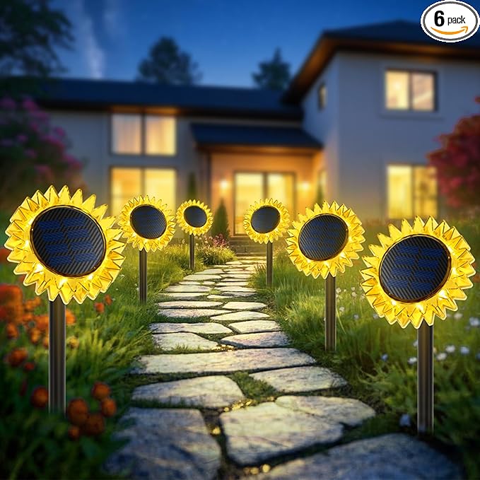Outdoor Solar Lights, 6 Pack Led Solar Sunflower Lights, Stake/Wall 2-in-1 Waterproof Solar Garden Lights for Yard, Landscape, Fence, Patio, Driveway, Pathway, Backyard Decoration (Warm White)