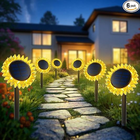 Outdoor Solar Lights, 6 Pack Led Solar Sunflower Lights, Stake/Wall 2-in-1 Waterproof Solar Garden Lights for Yard, Landscape, Fence, Patio, Driveway, Pathway, Backyard Decoration (Warm White)
