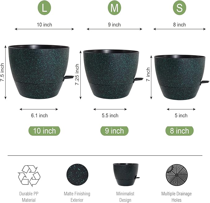 10/9/8 inch Self Watering Pots, Set of 3 Plastic Planters with Mesh Drainage Holes and Deep Reservoir for Indoor Outdoor Garden Plants and Flowers, Black with Green Speckles