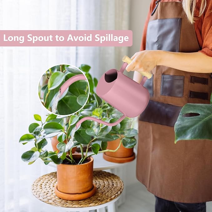 Watering Can Indoor Plants, 35oz Small Watering Can Indoor Stainless Steel Metal Watering Can Modern Decorative Watering Pot with Long Spout for Indoor House Plant Bonsai Garden Flowers (Pink)