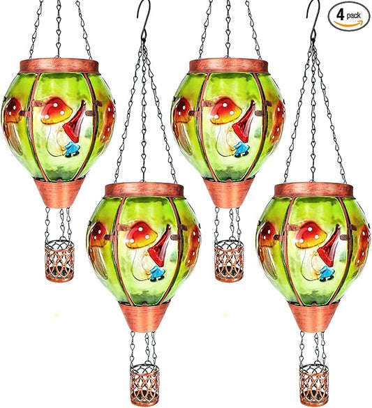 4 Pack Solar Hot Air Balloon Lantern with Flame， Mushroom Gnome Glass Solar Hanging Lanterns Outdoor for Outside Garden Patio Tree Porch Yard, Mushroom Gifts for Women Grandma Mom - Mushroom
