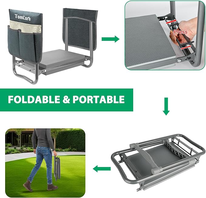 TomCare Upgraded Garden Kneeler and Seat Widen Soft Kneeling Pad Garden Tools Stools Garden Bench with 2 Larger Tool Pouches Outdoor Foldable Sturdy Gardening Tools Gifts for Gardeners, Grey