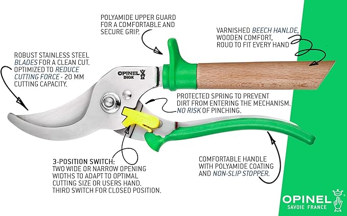 Opinel Hand Pruning Shears with non-slip beech wood handle perfect for bypass trimmers, garden, hedge, lawn clippers or hand scissors with stainless steel blade (Blue)