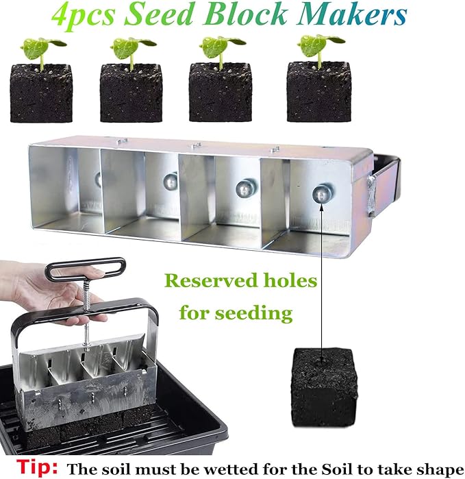 Hand-held Soil Blocker 4pcs 2 Inch Seed Block Makers at a Time, for Seed Start Garden Soil Potting Soil for Outdoor Plants (7.7in*2in)