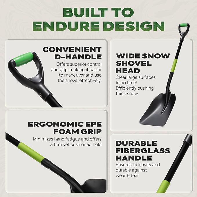 IDZO Aluminum Steel Scoop Shovel Heavy Duty, Ideal Height 44 1/2 Inches Metal Shovel with Strong Aluminum Steel Wide Blade, Durable Grain Shovel, Fiberglass D Handle with Ergonomic EPE Foam Grip
