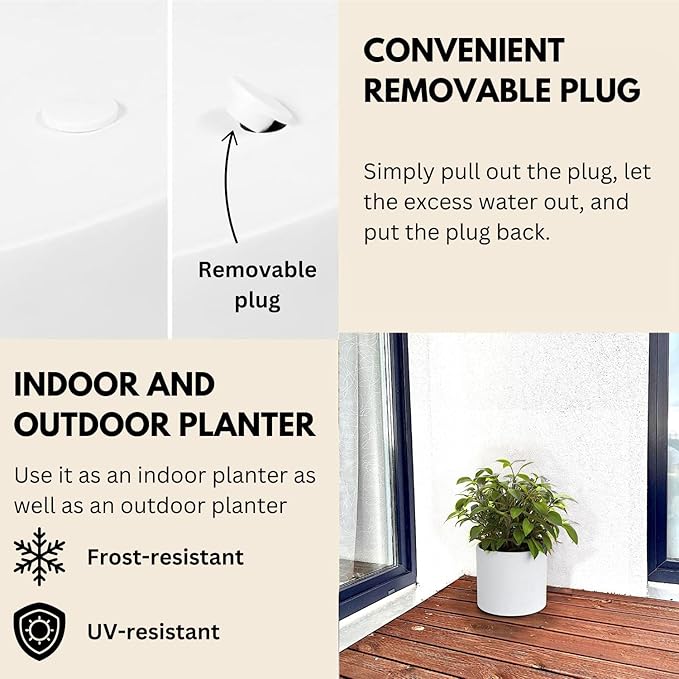 Fox & Fern 8 Inch Plant Pot with Drainage Plug — Premium Lightweight Fiberstone Matte White Planter; Indoor & Outdoor Planter; 8 Inch Pots for Plants; Weather Resistant & UV Resistant