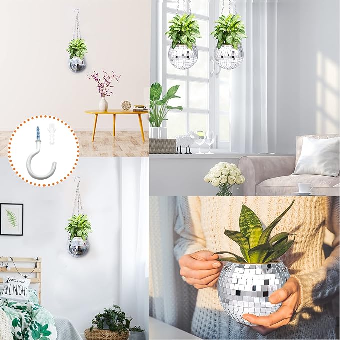 2Pcs Disco Ball Planter, 6"/8" Disco Planter with Hanging Chain & Hook & Ring Stand, Disco Ball Plant Hangers for Indoor and Outdoor Plants, Hanging Plant Holder (2Pcs 6", Silver)