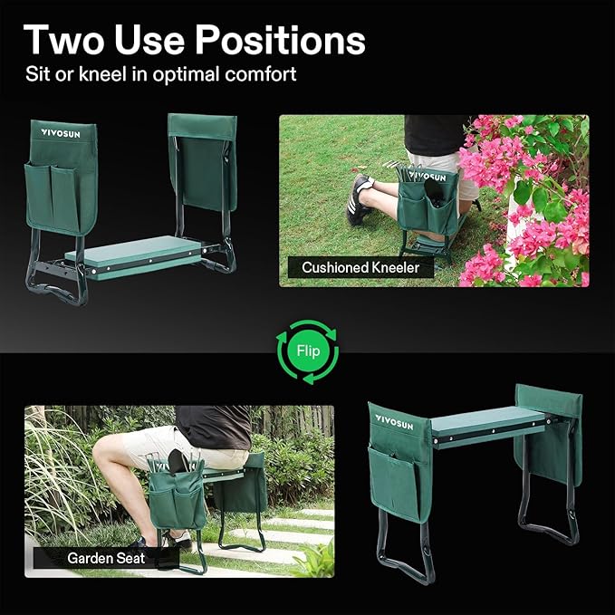 VIVOSUN Garden Kneeler and Seat, 10.9" Wider Foldable Gardening Stool, Heavy Duty Garden Bench, EVA Foam Pad & 2 Tool Bags, Gardening Tools for Women Men Father Mother, Portable Outdoor Garden Tools