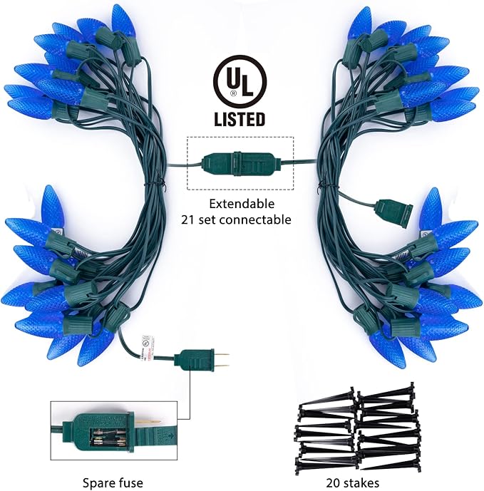 C9 Led Christmas String Lights, 20 Led 25.75 Feet Outdoor Waterproof Strawberry Lights with 20 Stakes, Extendable Green Wire String Lights for Indoor Outside Patio Wedding Party Decoration, Blue