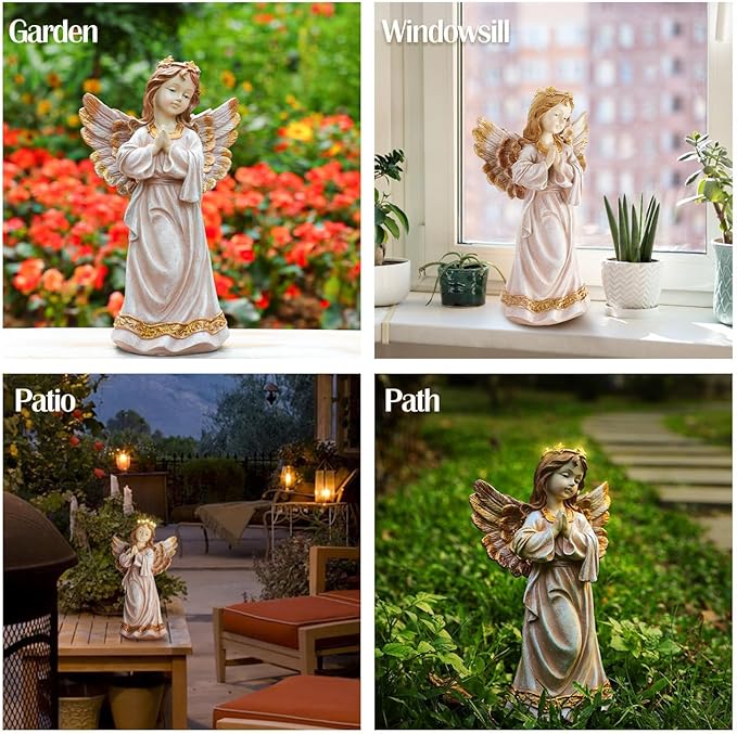 Angel Garden Statue,Memory Guardian Solar Garden Decor with Warm Light,Waterproof Praying Angel Statue with Garland,Outdoor Garden Decor Sculpture for Lawn Yard Patio,Sympathy Gift,Apricot Pink