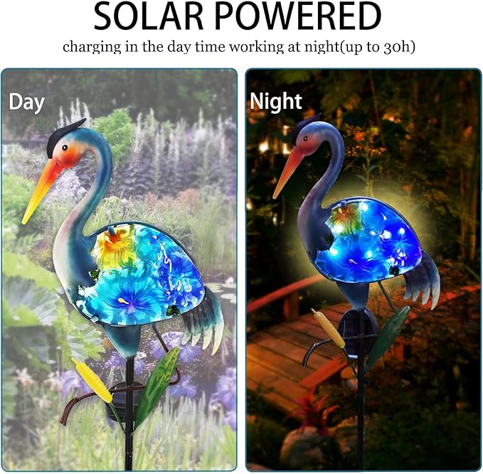 Heron Solar Garden Lights, Hand-Painted Glass Solar Garden Decor, Lawn Ornaments Solar Stake Lights Yard Art Solar Landscape Lights for Patio Lawn Yard Porch Decor