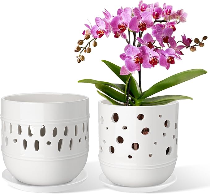 Orchid Pot, 5+6 Inch Orchid Pots with Holes, Orchid Pots for Repotting,Ceramic Flower Pots with Drainage and Tray,Planters for Indoor/Outdoor Plants - White