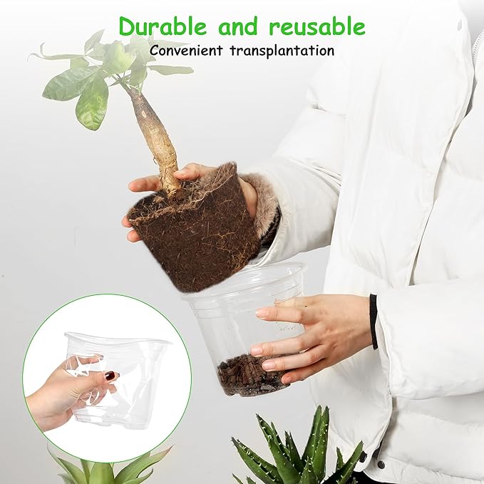 60 Pack 6 Inch Clear Nursery Pots with Drainage Holes, Transparent Plastic Pots for Plants, Reinforced Seed Starter Pots Garden Pots Flower Pots Come with 50pcs Plant Labels