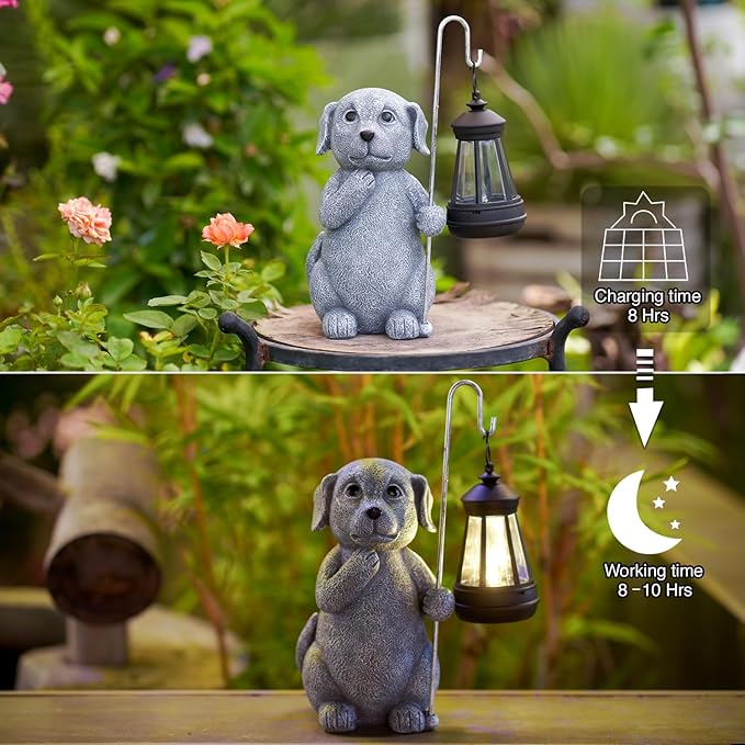 Dog Statue with Solar Lantern - Outdoor Decor Dog Figurines for Garden Lawn Patio Balcony, Outdoor Statues Unique Gifts for Women Moms Grandma