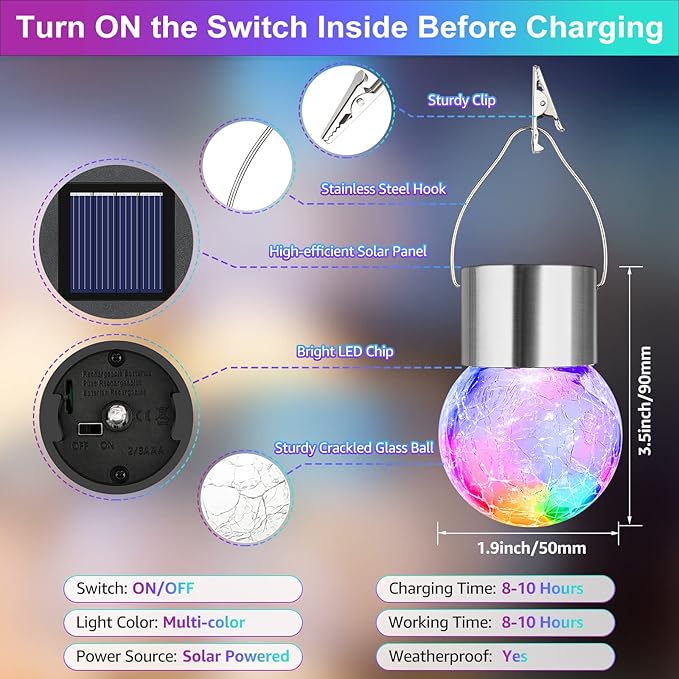 MAXvolador 12-Pack Hanging Solar Lights, Decorative Cracked Glass Ball Light, Multicolor Solar Powered Waterproof Globe Lighting for Garden, Tree