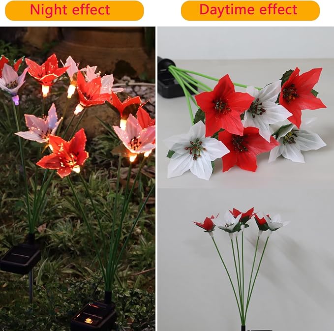 Solar Garden Lights, 2 Pack New Upgraded Solar Swaying Lights with 12 Flowers Solar Lights for Outside Garden Yard Decor Outdoor Waterproof, Gardening Birthday Gifts for Women Mom Grandma, White & Red