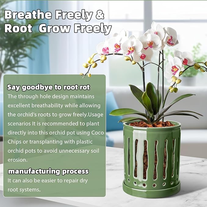 6 Inch Ceramic Orchid Pot with Large Slotted Holes, Orchid Planter for Enhanced Air Circulation, Orchid Pots with Drainage Tray, Patina