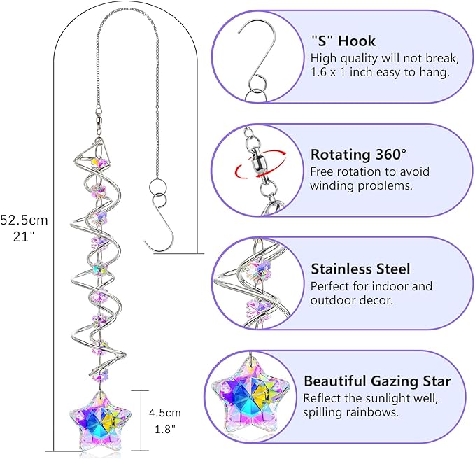 H&D HYALINE & DORA 21inch Crystal Suncatcher for Window Hanging Double-Spiral Design Gazing Ball Spiral Tail Wind Spinners Sun Catchers Rainbow Maker Indoor Outdoor Christmas Decoration