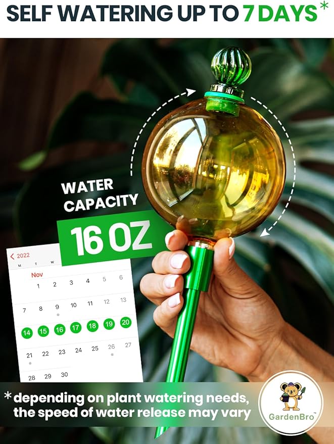 16 Oz Plant Watering Globes For Indoor Plants With Metal Self Watering Planter Insert - Premium XL Glass Hand-blown Globes - Automatic Indoor Planter Waterer, Gift Idea For Gardeners [1, Gold]