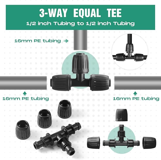 Frienda 40 Pcs 1/2 Inch Drip Irrigation Lock Barbed Tee Tubing (1/2" IDx0.6-0.63" OD) 16mm Fittings Drip Irrigation Parts Anti Drop Locked Reducing Tee for Hose, Black and Green